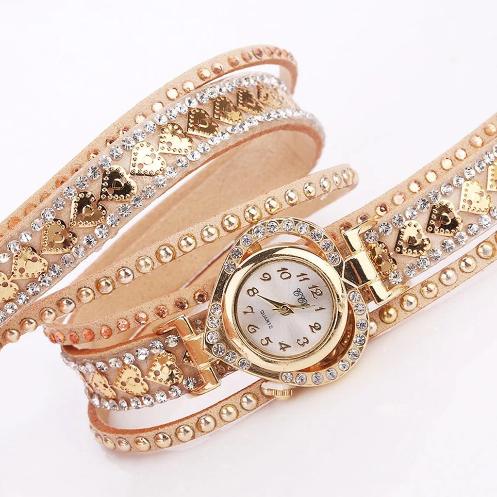 Diamond studded watch for women, heart-shaped dial, looped bracelet, full diamond long rope wrapped watch for women Qme
