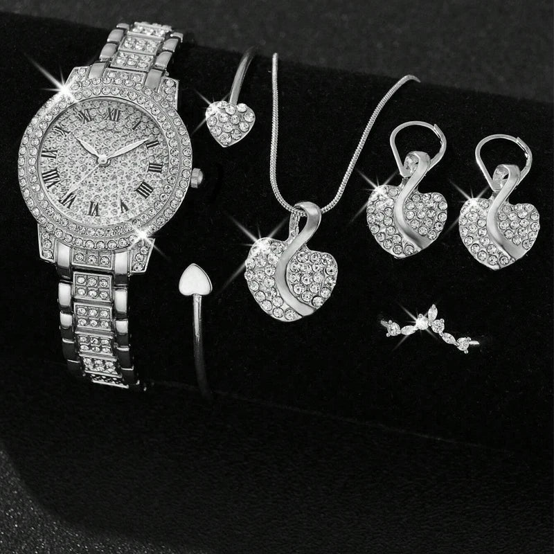 Women's Quartz Watch Gold Luxury Women Ring Necklace Earring Rhinestone Fashion Wristwatch Casual Ladies Watches Jewelry Set Qme Multicolor
