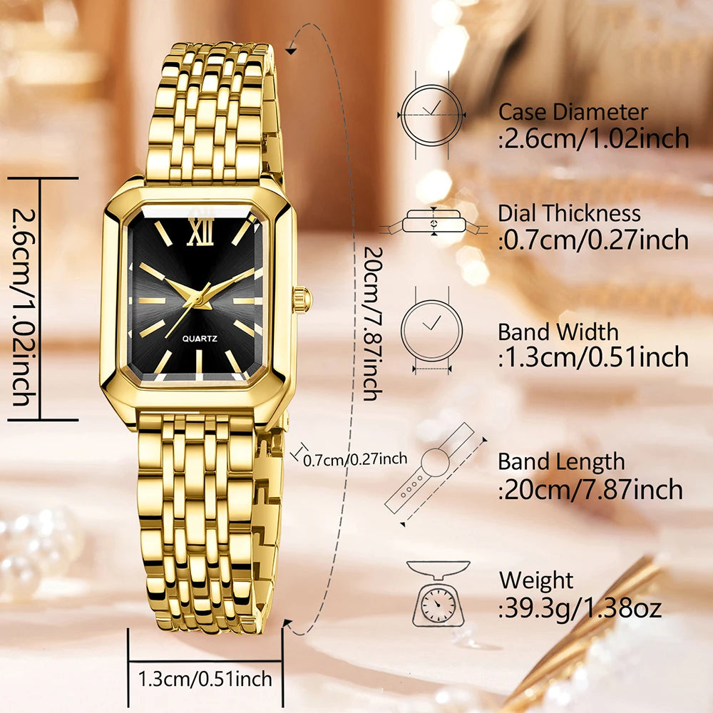 Golden Roman Black Plate Small Square Watch Water Drop Metal Bracelet Earnail Necklace 6-piece Set Extreme Accessories Qme
