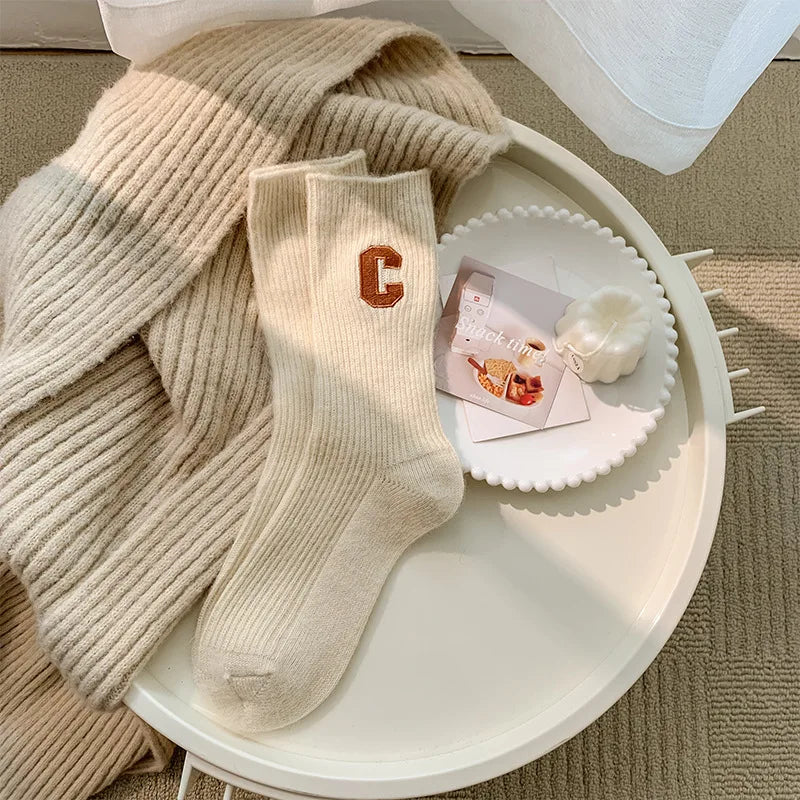Luxury Women Wool Socks Warm Winter Thick Cashmere Casual Japanese Fashion Solid Color Comfortable Home Sock Long High Quality Qme Beige One Size