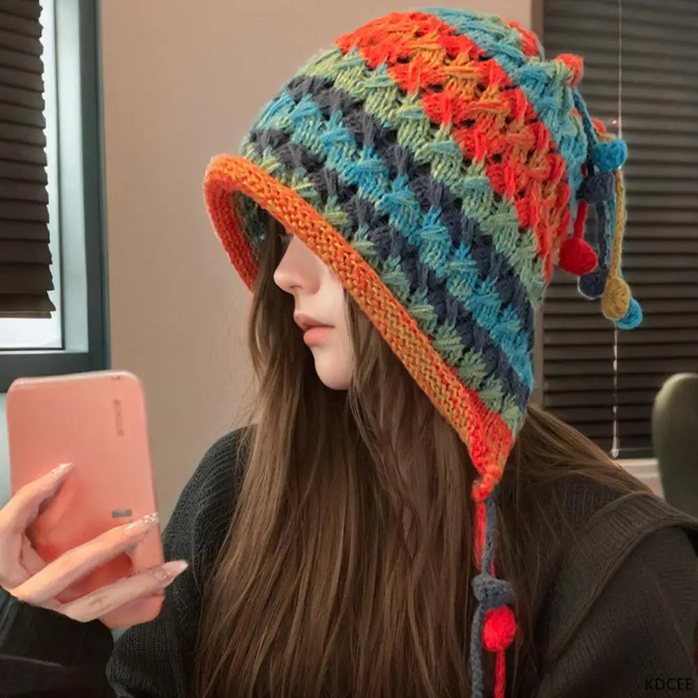 NEW Colorful Rainbow Striped Knit Wool Beanie Hat For Women Winter Warm Crochet Ear Protection Cap Female Snow Windproof Bonnet Qme