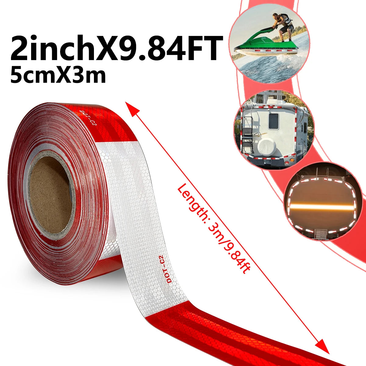 Reflective Safety Tape DOT-C2 PET Material Red & White Waterproof Sunscreen Strong Reflection Warning Tape for Safety Qme 5cmX3m