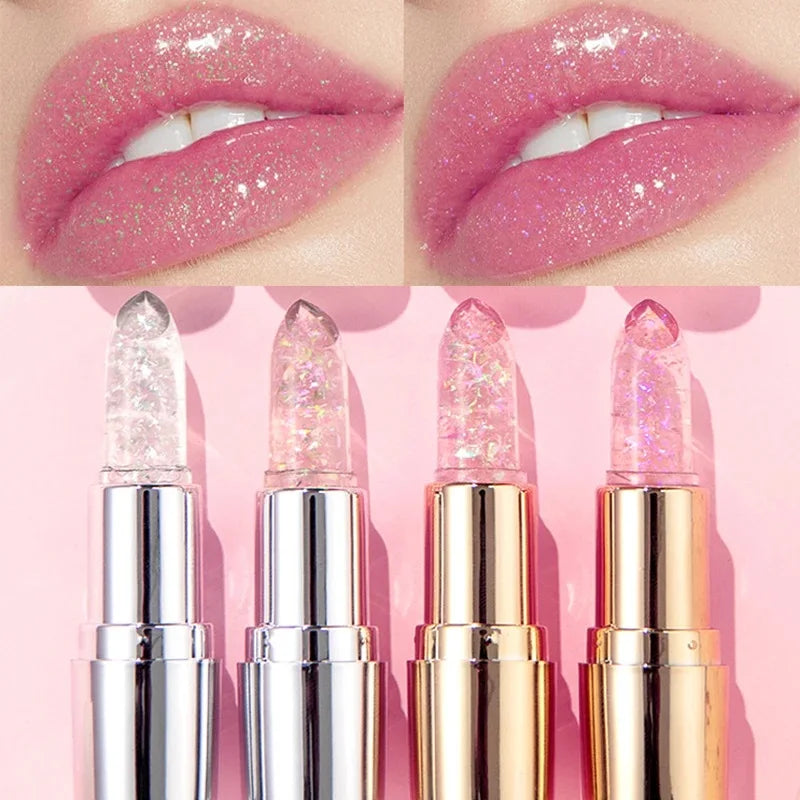 QIBEST Glitter Lipstick Lip Balm Color Change Transparent Moisturizing Crystal Jelly Pearlescent Lip Plumper Gloss Tint Cosmetic Qme