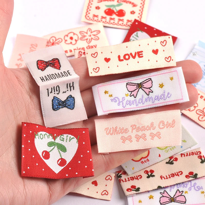 20pcs 18-53mm Assorted Cute Cherry Peach Fabric Labels, Handmade Sew On Tags for DIY Clothes Bags Crafts cp4301 Qme
