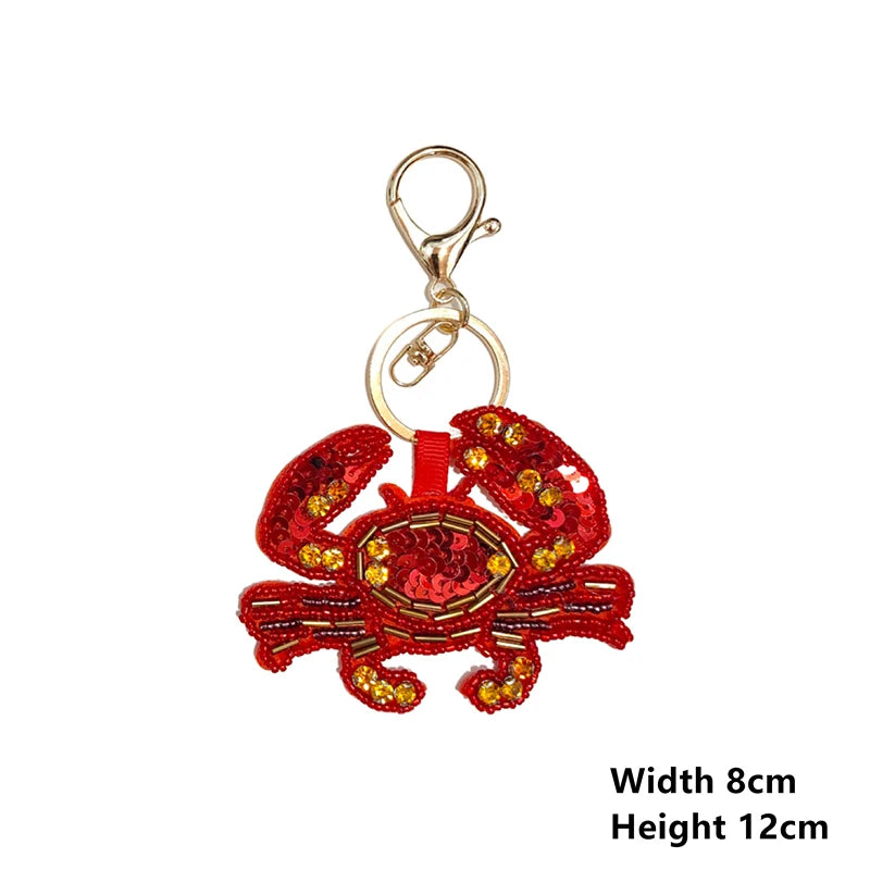 Bag charm decor with Beaded Sequin Rhinestone Crab, Starfish, Shell, and Conch Keychain Qme 08