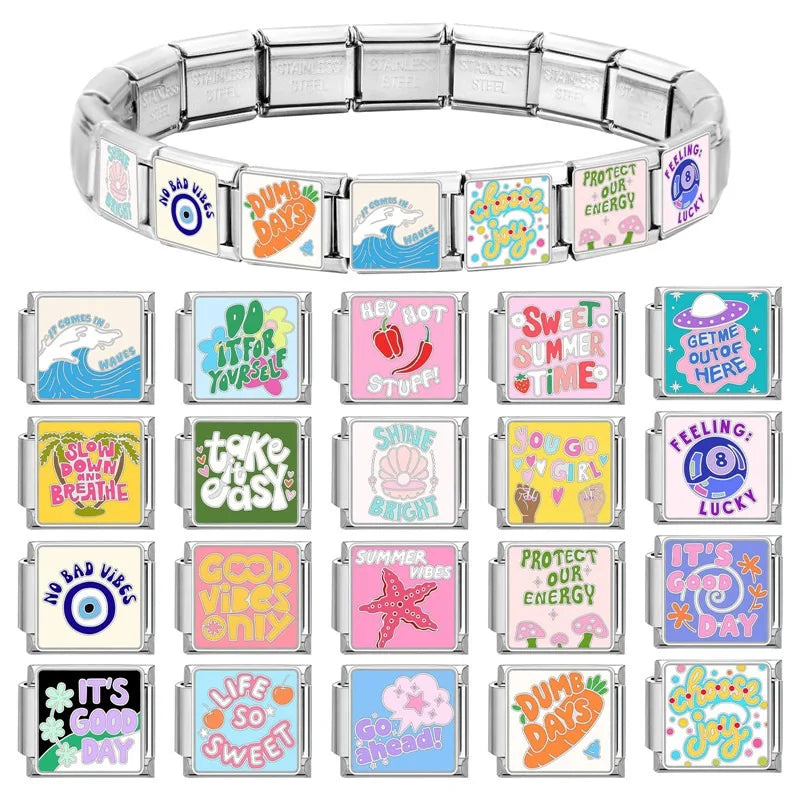 Drip Glaze Fashion Pink Starfish Blue Seawave Italian Charm Links Fit 9mm Stainless Steel Bracelet Women Jewelry DIY Making Gift Qme