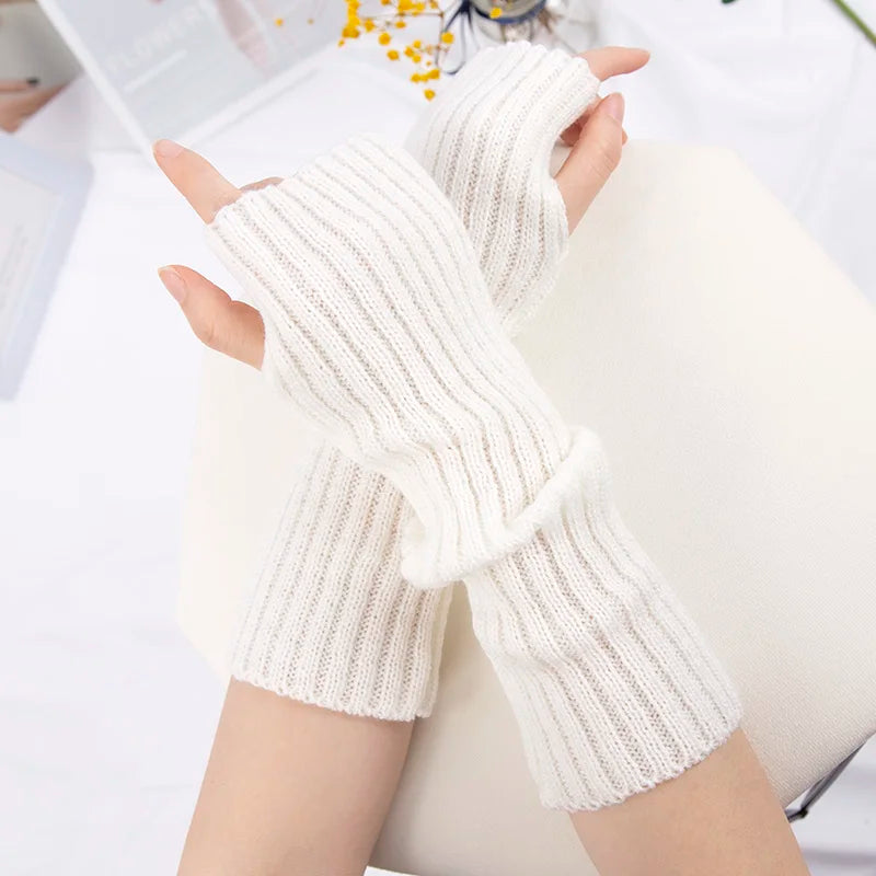Long Fingerless Gloves Women Mitten Winter Arm Warmer Kawaii Knitted Qme