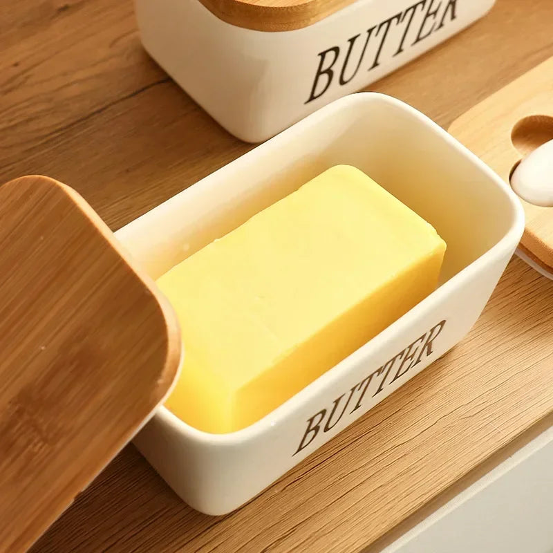 Ceramic Butter Container Box Restaurant Sealed Storage Box Cheese Box with Knife Bamboo Lid Butter Slicer Butter Dish Tableware Qme