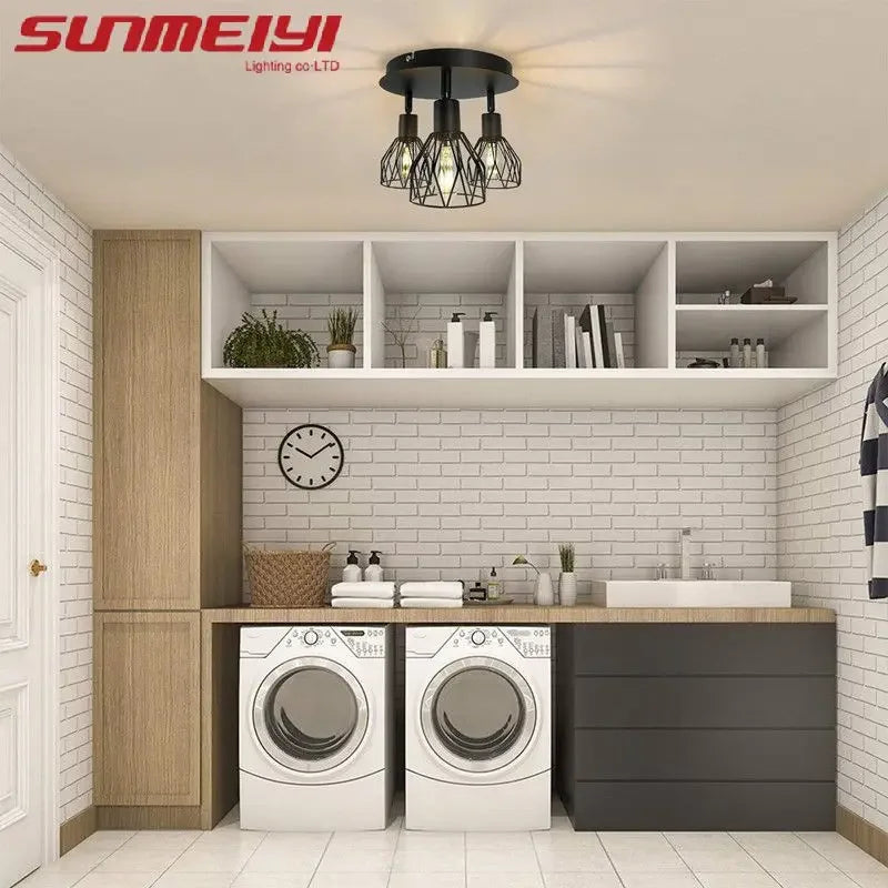 LED Ceiling Light Fixture Black Iron Farmhouse Kitchen Dining Table Hallway Bathroom Bedroom E14 Lamp holder Ceiling Light Qme