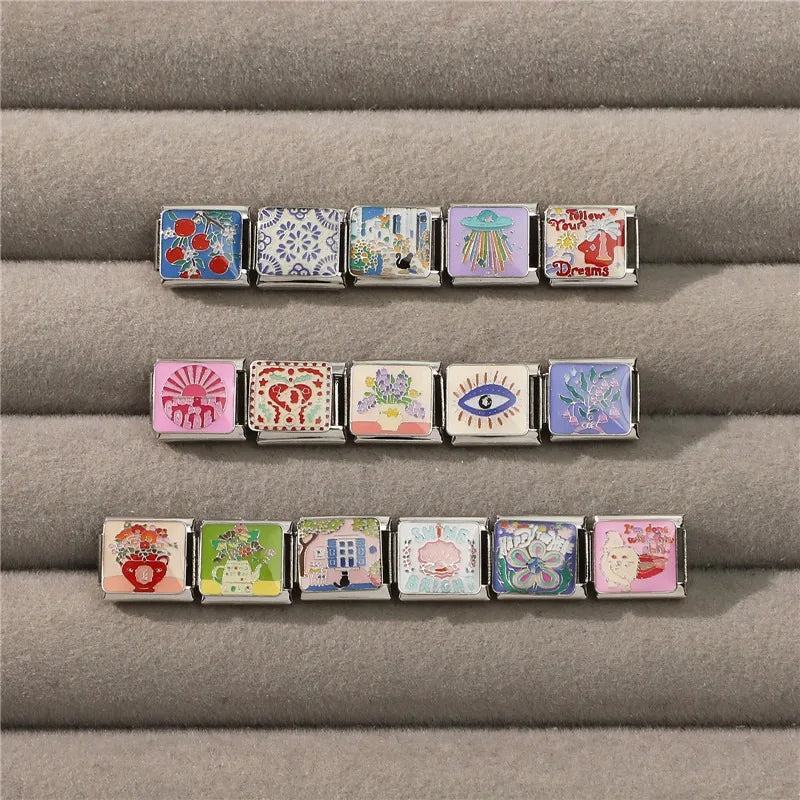 2026 Y2K Colorful Glaze Cute Street Scene Cat Italian Charm Link fit 9mm Stainless Steel Jewelry DIY Making Bracelets For Gifts Qme