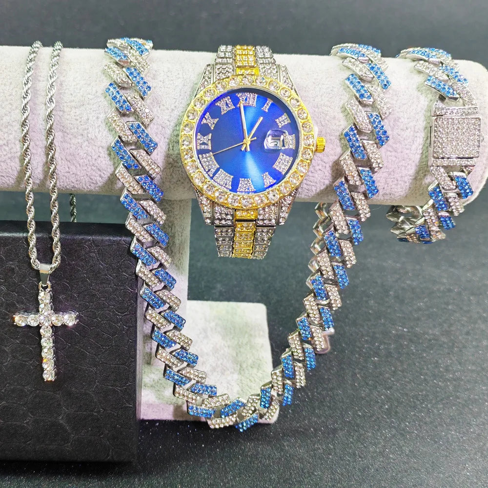 4pcs Men's Hip Hop Cuban Chain Bracelet and Watch Set Hip Hop Cuban Chain with Quartz Watch Qme Rose