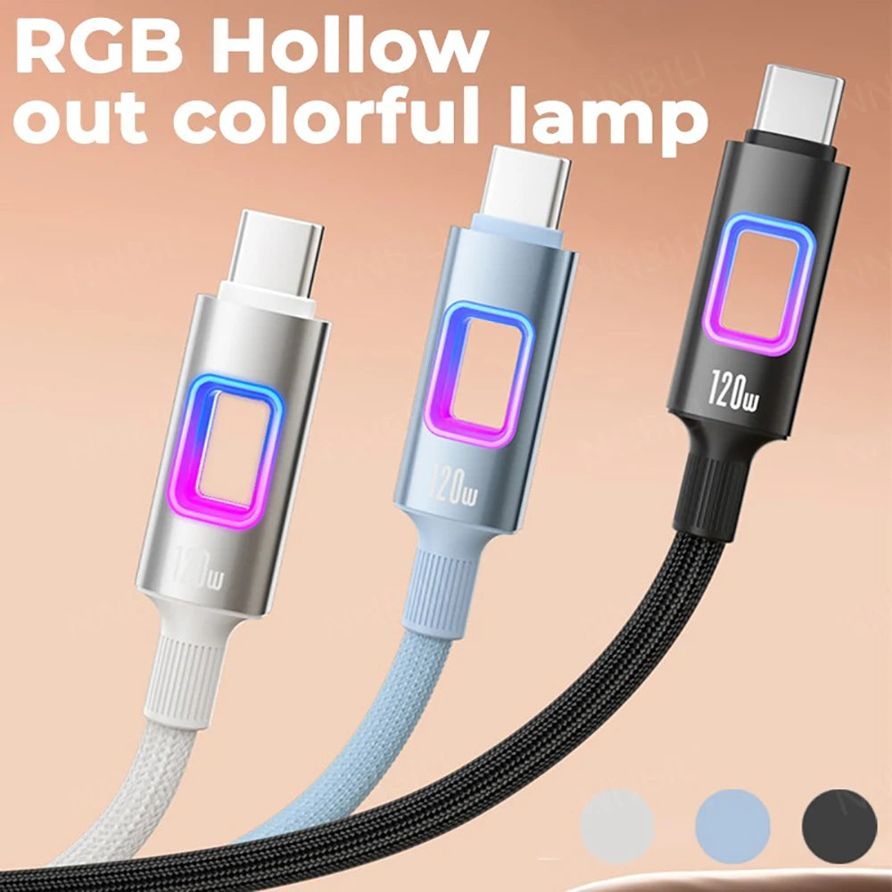 USB C to Type C 120W RGB Fast Charging Data Cord PD Quick Charging Cable for iPhone 17 Samsung S26 Xiaomi 1M 1.5M 2M Data Line Qme