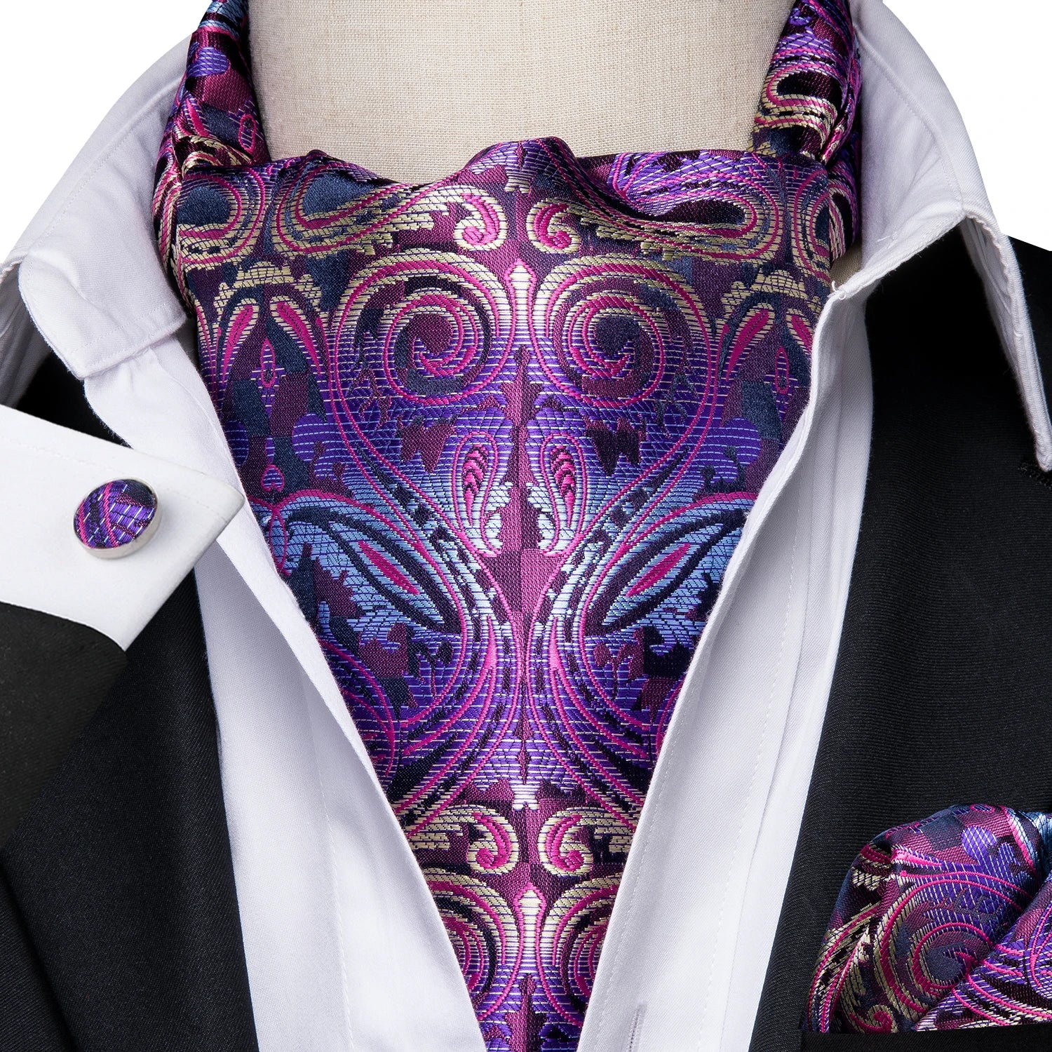 Hi-tie Silk Mens Ascot Pocket Square Cufflinks Jacquard Paisley