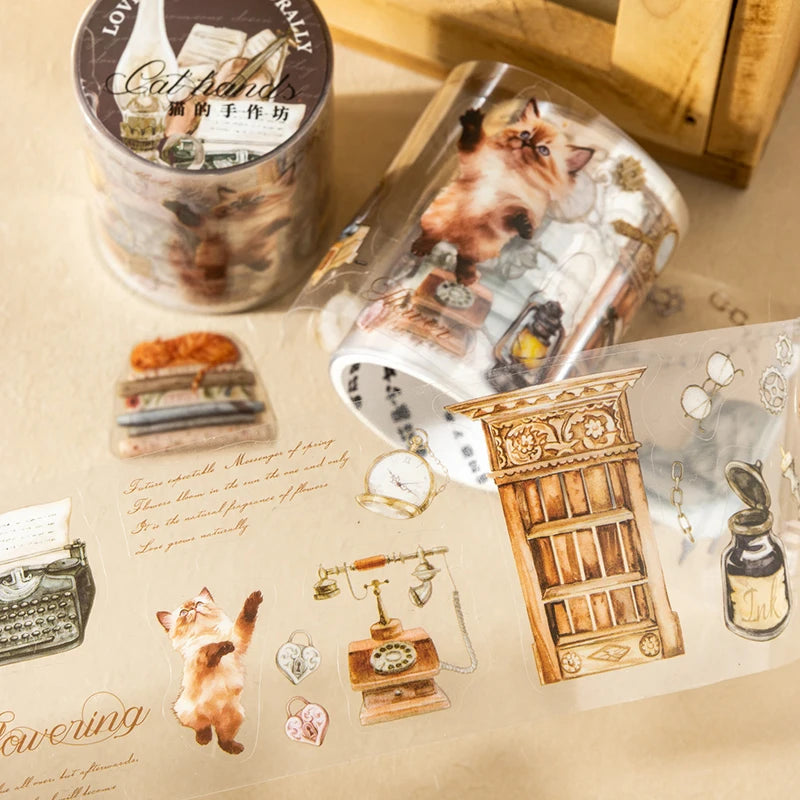 PET Material Tape Maker Cat Hand Workshop Series Cute Cat Coffee Bread Floral Pattern DIY Decorative for Phone Case Computer Cup Qme