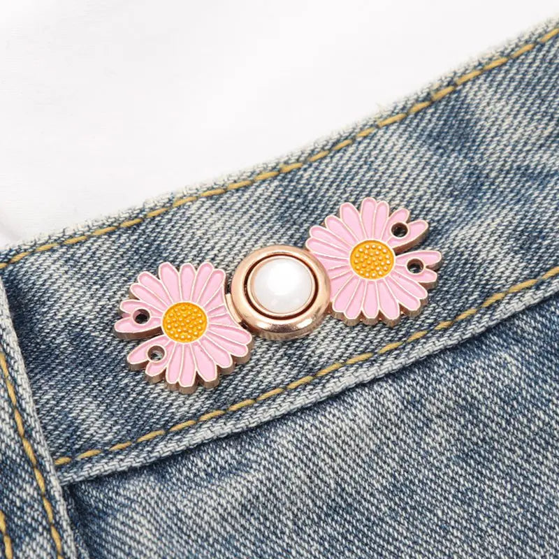 Reusable Metal Flower Buttons Pearl Snap Fastener Pants Pin Retractable Sewing-on Buckles for Jeans Fit Reduce Waist Accessories Qme A4 3PCS