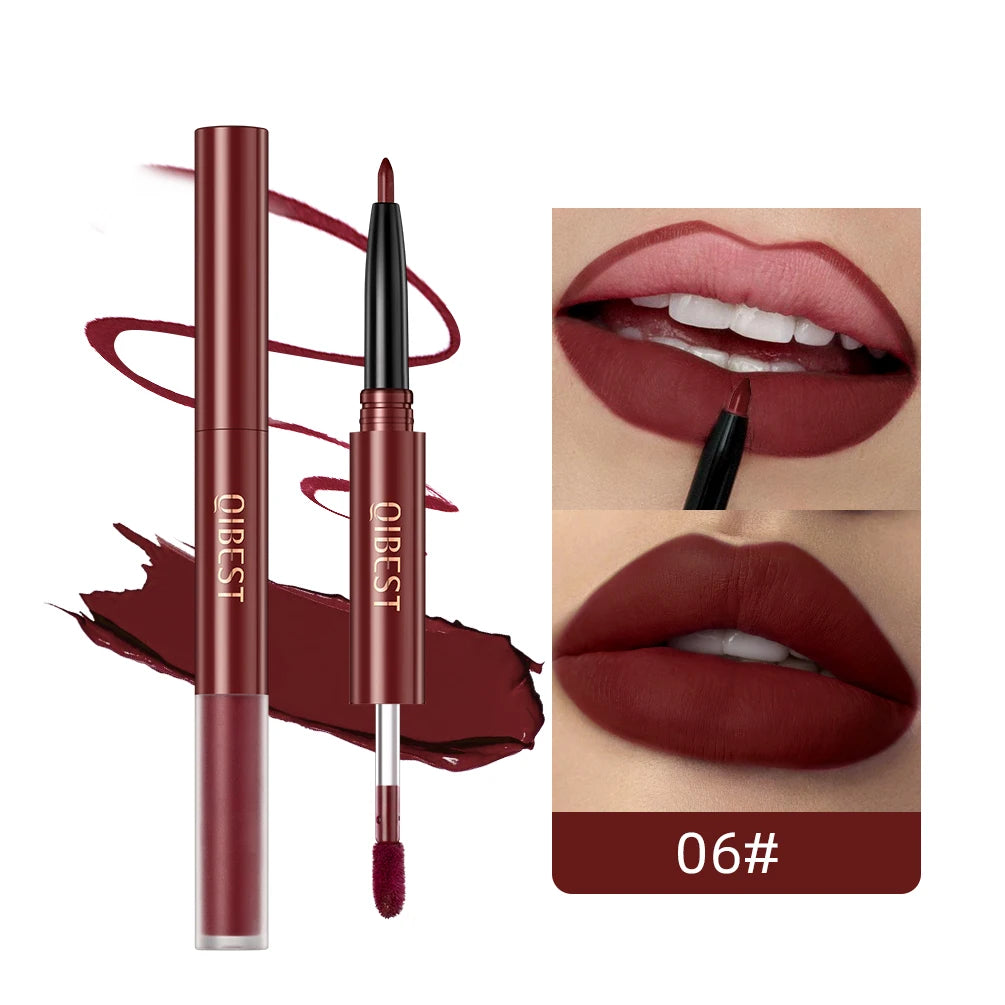 2 In 1 Double-end Lipgloss Lipliner Moisturizing Lipgloss Waterproof Long Lasting Matte Lip Liner Pen Makeup Lipliner 6 Colors Qme 06