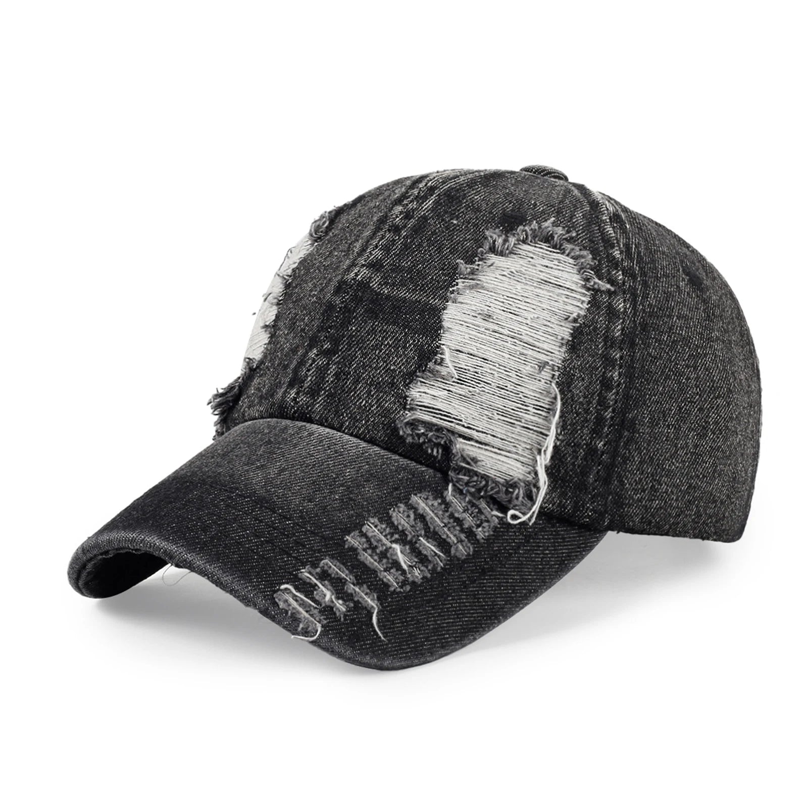 Chic Streetwear Baseball Cap Hole Breaking Vintage Visor Casual and Versatile Caps Fashionable Hats for Men and Women Qme Black One Size