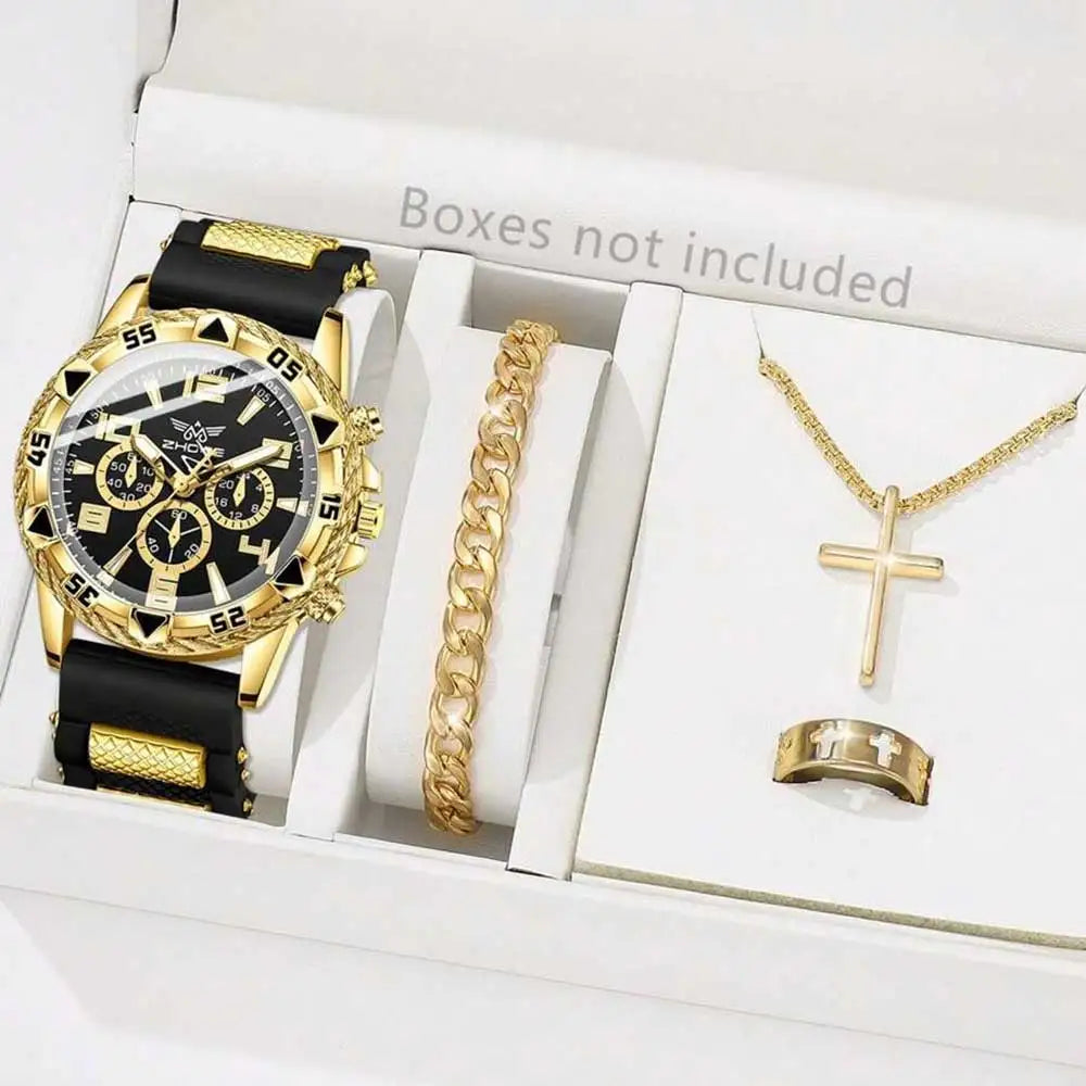 4PPC Gold shell black tape three eye men's sports watch Cuban chain cross necklace hollow ring four piece set Qme