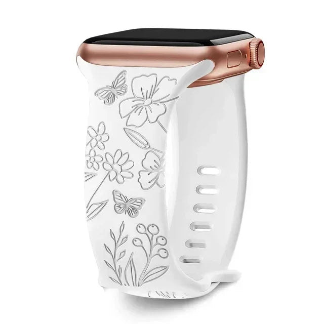 Floral Engraved Strap For Apple Watch Band 40mm 44mm 41mm 49mm 45mm 38mm 42mm silicone bracelet iwatch series 9 7 se 6 8 ultra 2 Qme Butterfly White 38mm 40mm 41mm