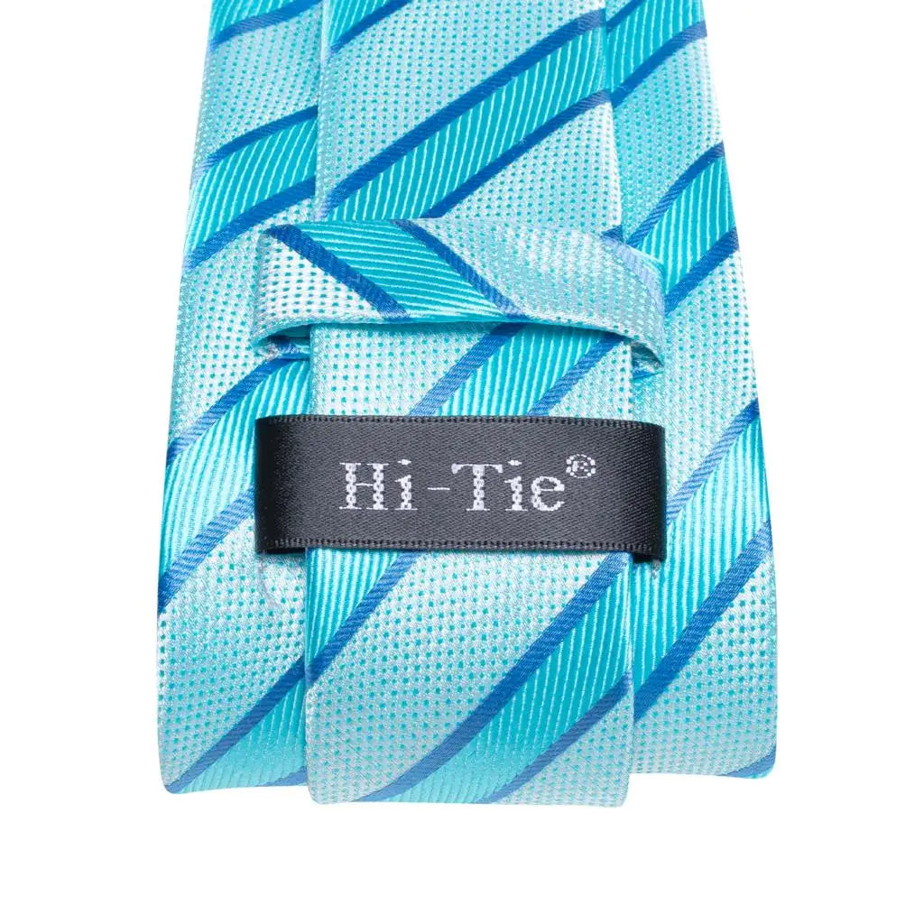 Hi-tie Men Fashion Striped Blue Necktie Handkerchief Cufflinks Tuxedo Qme