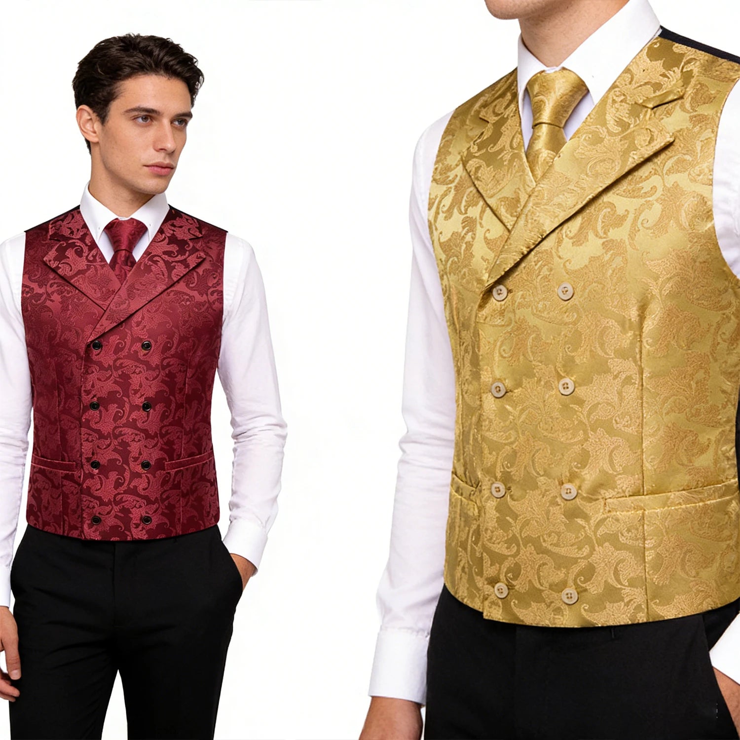 Elegant Golden Yellow Red Floral Jacquard Waistcoat Men Perfect Qme