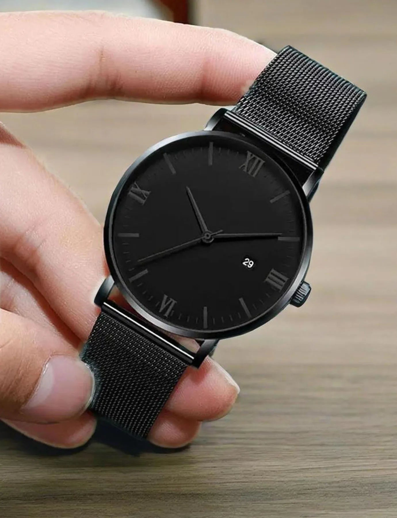 1 pcs of LOGO free graduated mesh quartz watch for men's casual quartz watch for students, with a large dial and simple design Qme all black