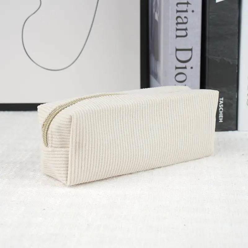 Vintage Simple Solid Corduroy Pencil Case Large Capacity Stationery Qme Beige