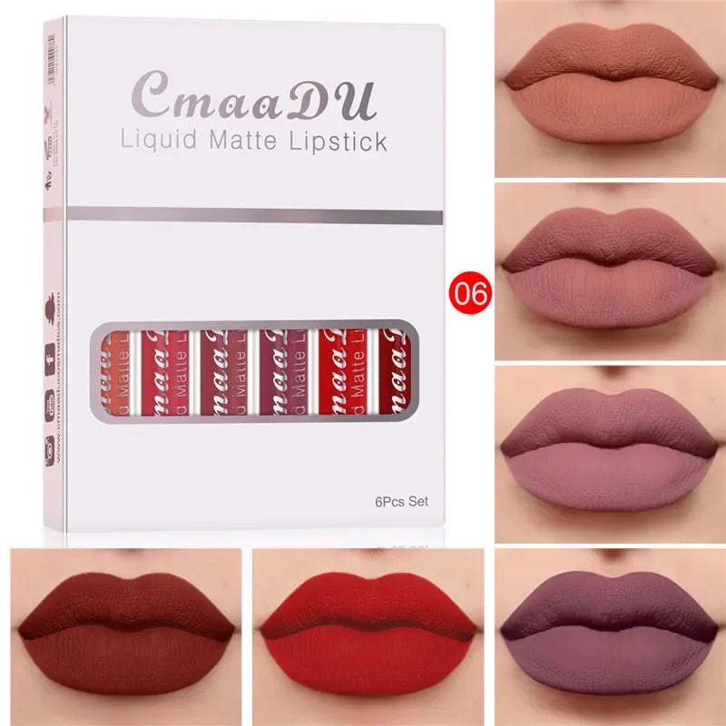 6 Colors/Set Fashion Matte Lip Gloss Sets Natural Moisturize Waterproof Lasting Velvet Sexy Red Liquid Lipstick Beauty Cosmetic Qme 06-6Pcs