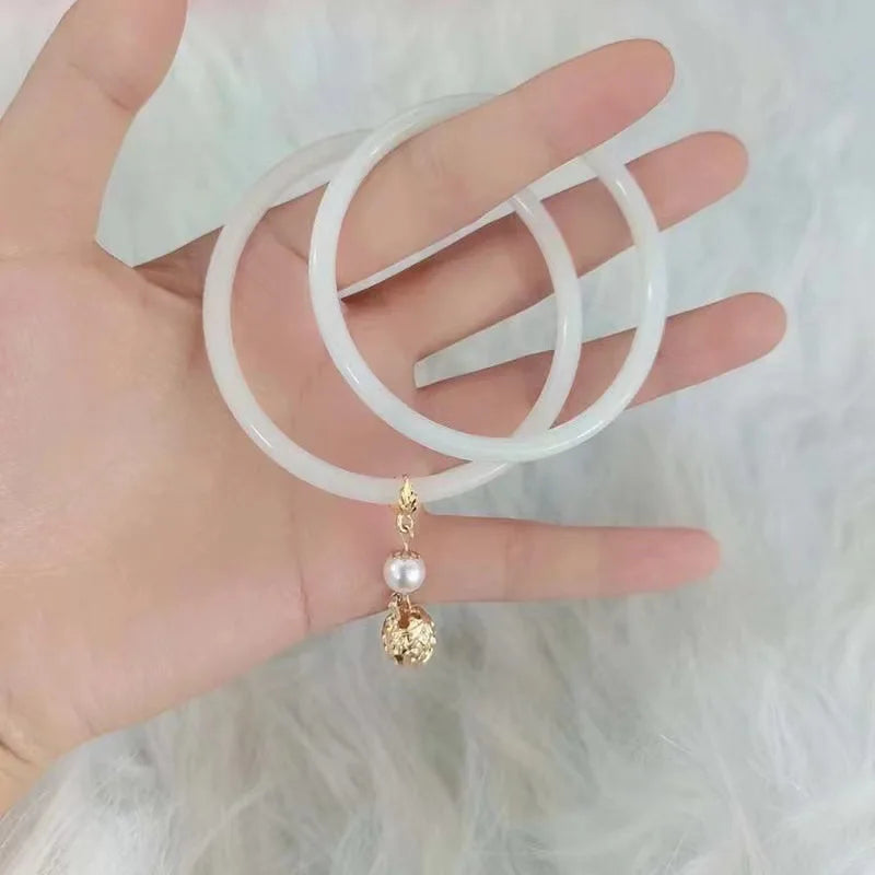 2Pcs/Set Natural Jade Jingle Bangles Retro Fairy Bell Glass Bracelet Femme Fashion Women's Casual China Jewelry Gifts Qme