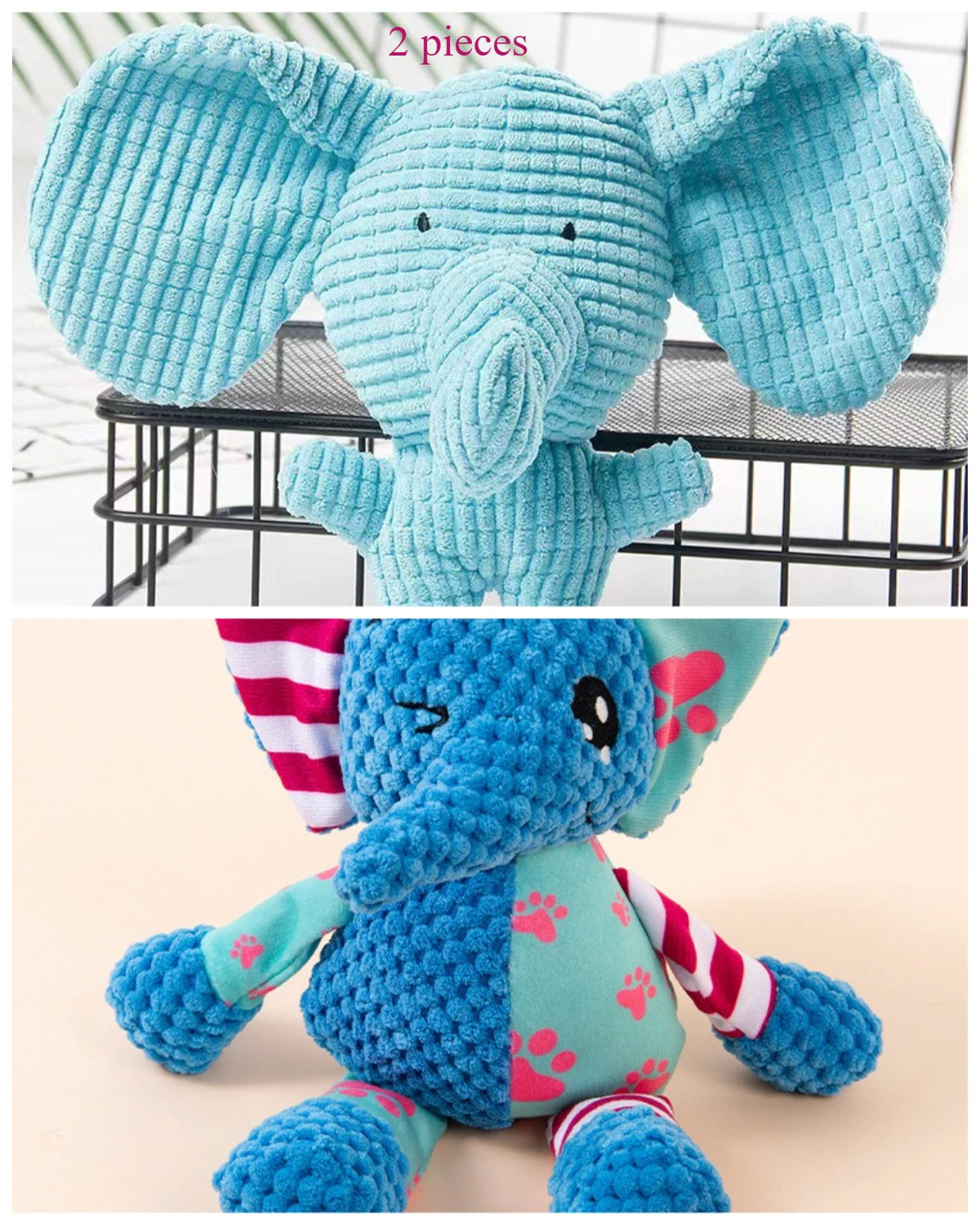 2-Piece Squeaky Plush Dog Toy,Soft Puppy Teething Chew Toy, Bite Resistant,Self-Play Companion for Small Medium Large Dogs Qme Elephant