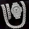 3cps hot selling men's and women's hip-hop watch sets, men's Cuban necklace bracelet sets, Christmas gifts Qme Rose