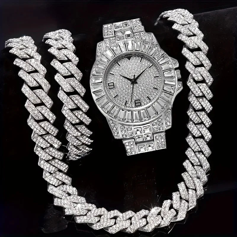 3cps hot selling men's and women's hip-hop watch sets, men's Cuban necklace bracelet sets, Christmas gifts Qme Rose