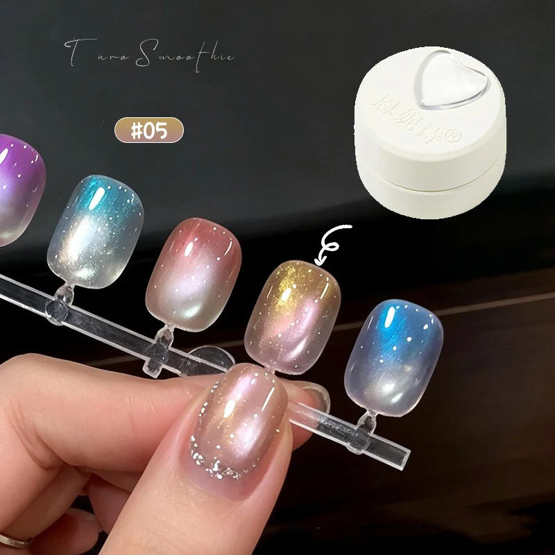 New Cat Eye Nail Gel Polish Set, Taro Purple Milky Shimmer, Magnetic Aurora Glass Bead Effect, Long Lasting Soak Off UV LED Gel Qme 05