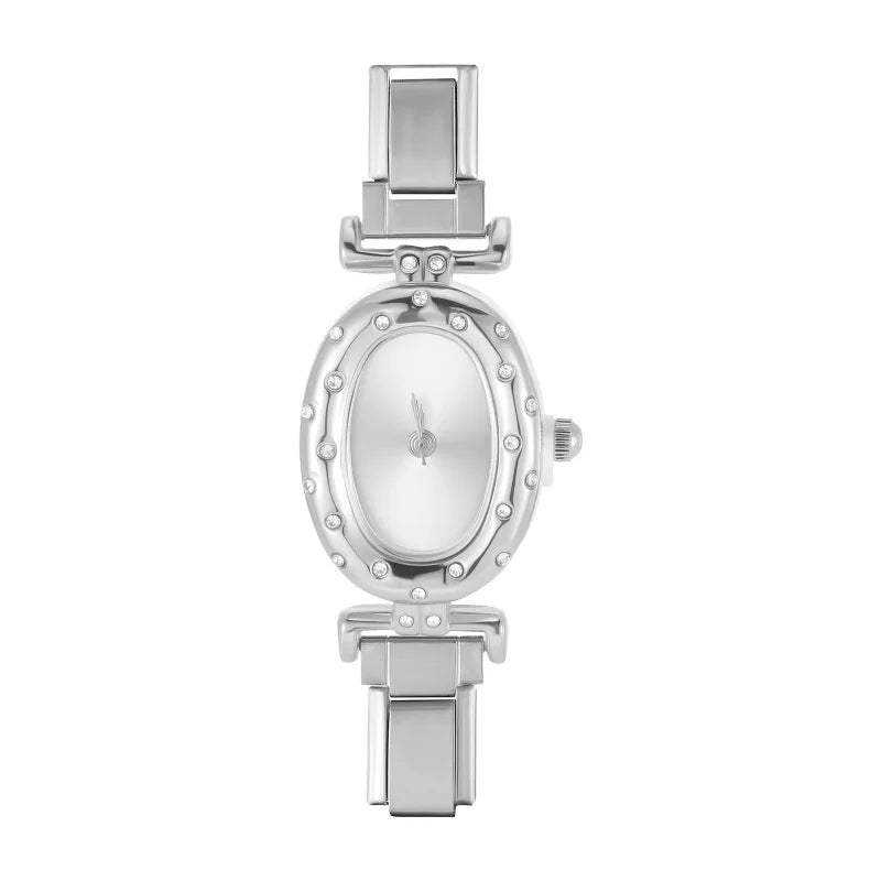 2025New Vintage High Quality Oval Inlaid Zircon Stainless Steel Watch Bracelet Women's 9MM DIY Italian Charm Bangle Jewelry Gift Qme Style 35