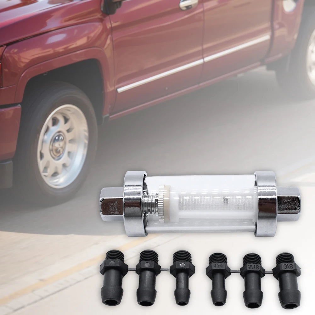 Car Fuel Filter with 6 Hoses Reusable Inline Fuel Filter Replacement Fuel Filter for Universal 3/8in 1/4in 5/16in Fittings Qme