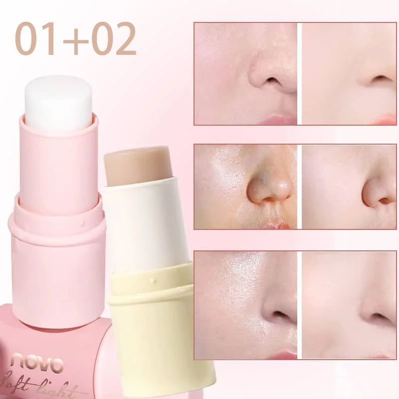 Hydrating Invisible Pore Base Makeup Stick, Moisturizing Oil-control Primer Makeup Cream, Lip balm,Brighten Modifying Skin Color Qme 01-02