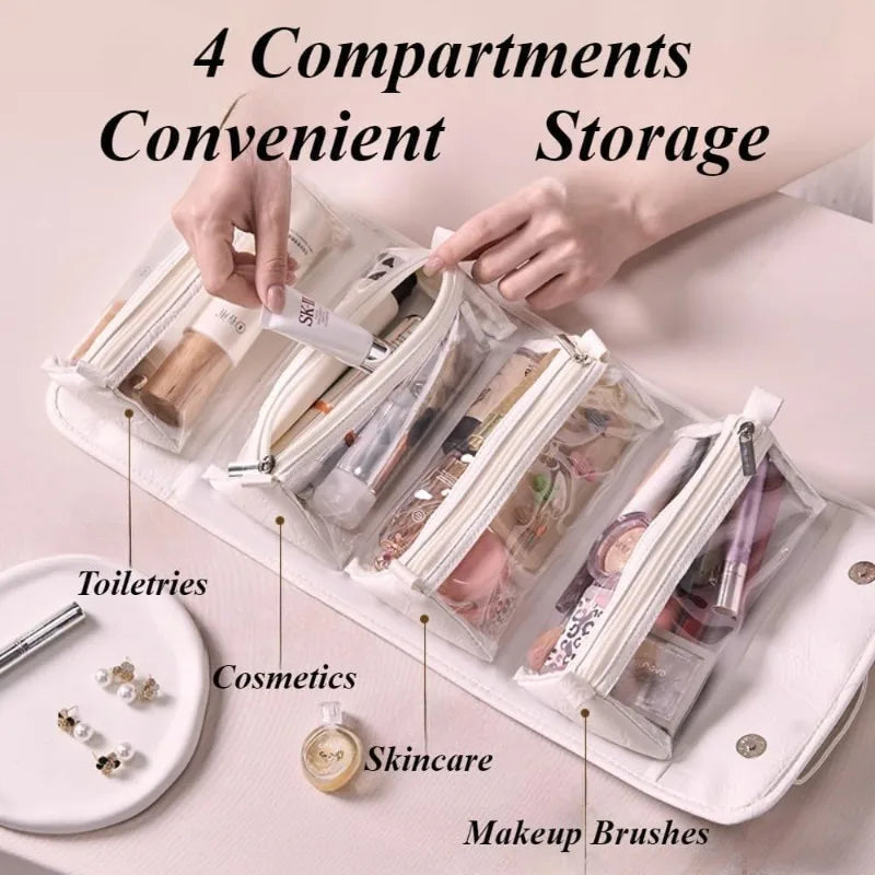 4-in-1 Detachable Leather Cosmetic Bag Waterproof Clear Compartments Qme