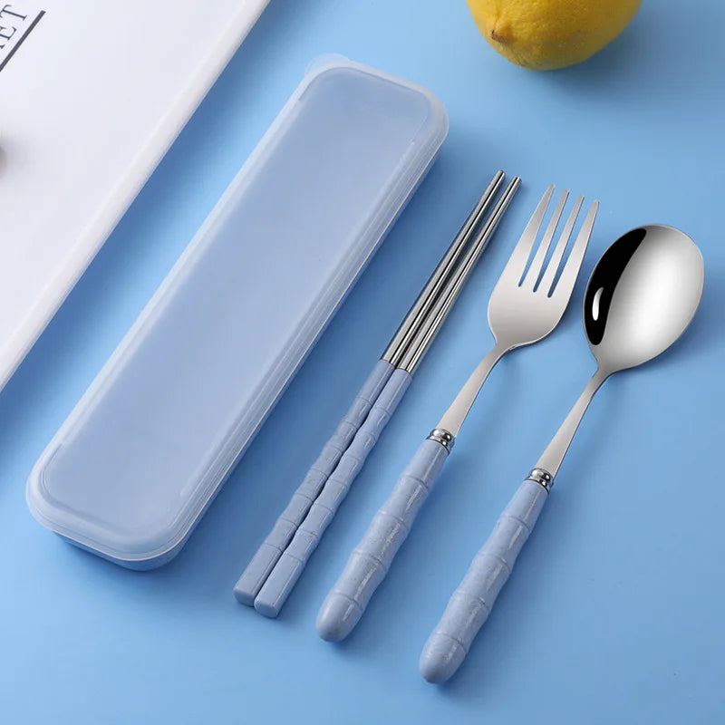 Portable Wheat Straw Cutlery Stainless Steel Spoon Fork Chopsticks Qme blue