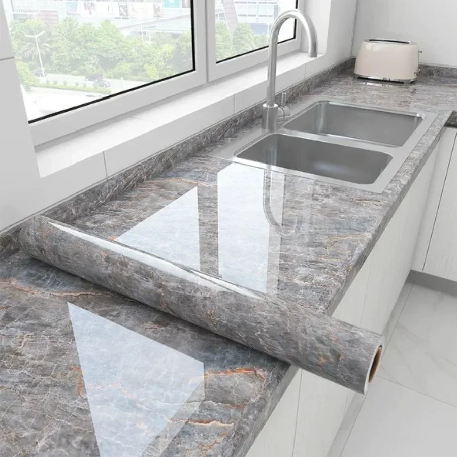 40cm Waterproof Self-Adhesive PVC Marble Oil Resistant and Mold Proof Wall Sticker Bathroom Kitchen Cabinet Countertop Wallpaper Qme