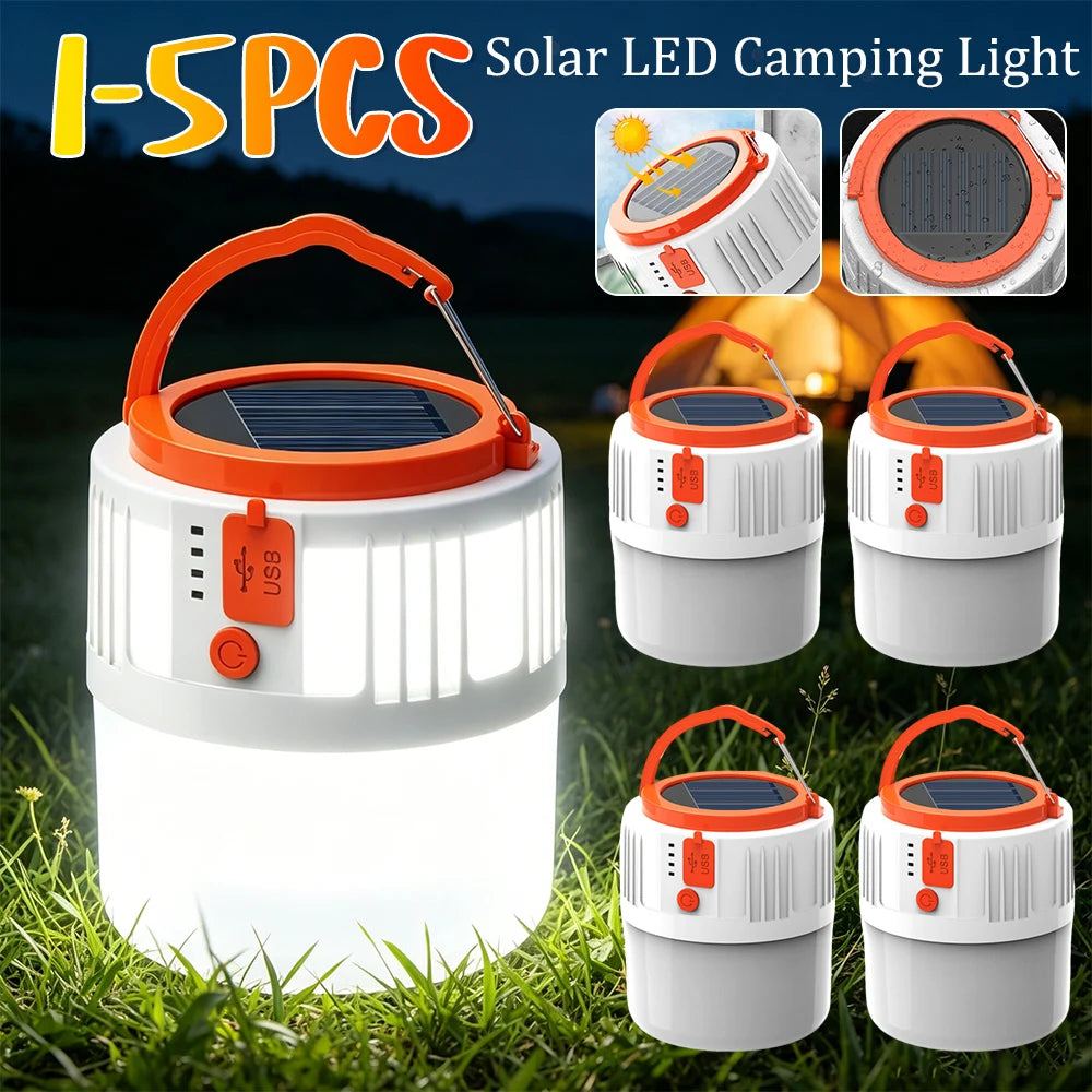 Super Bright Camping Light Bulb Solar LED 5 Lighting Modes USB Rechargeable Power Bank Outdoor BBQ Tents Hanging Emergency Light Qme