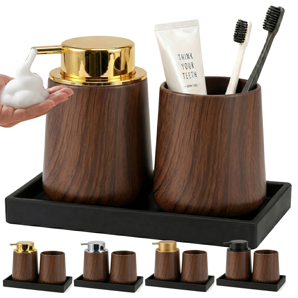 Cotton Lotion Hand Toothpaste Brush Storage Countertop Accessories Walnut Foam Soap Dispenser Bottle Set for Kitchen Bathroom Qme
