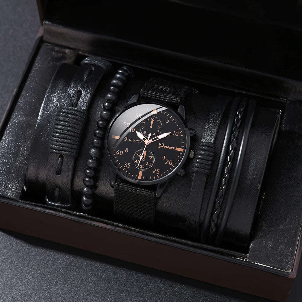 New Men's Watch Luxury Bracelet Set Multi Pieces Fashion Business Black Leather Quartz Watch Gift Box for Men Reno Masculino Qme B