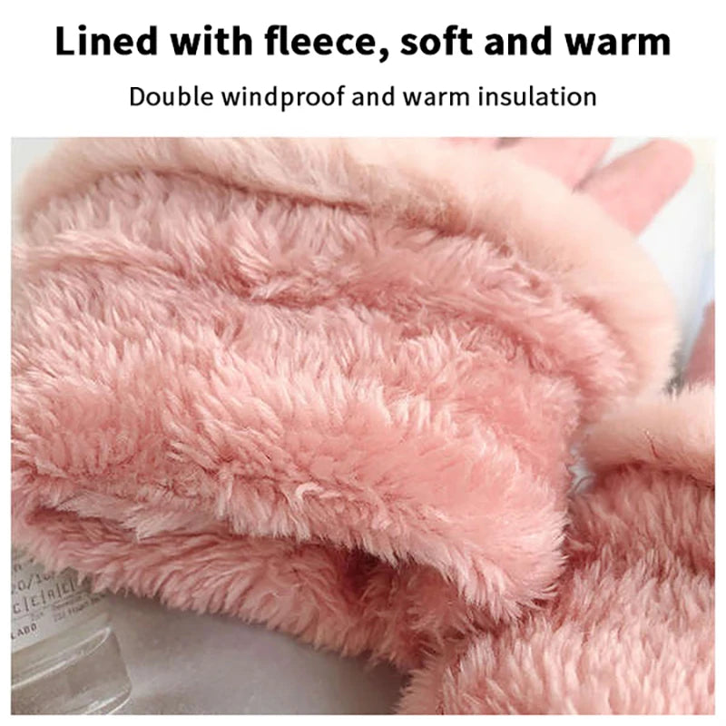 Autumn Winter Warm Suede Gloves Velvet Thickened Plush Decor Cuff Qme