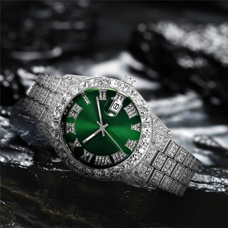 Hip hop Watch Male watch luxury water proof Brand watches Stainless steel Round Clock Men quartz wristwatches Gift boyfriend Qme silver green