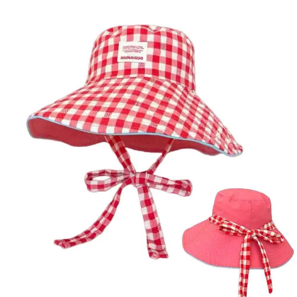 Women Girl Fisherman Hat Double Sided Sun Korean Ins Plaid Tie Strap Qme Red