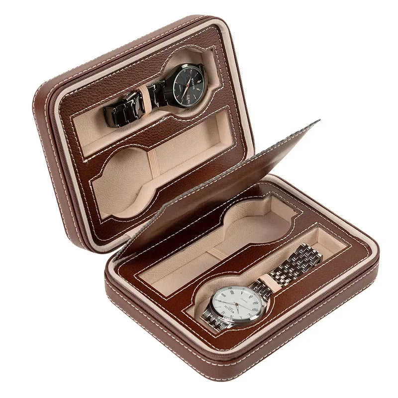 New Travel Dustproof Embedded Watch Box Zipper Portable PU Leather Storage Case Watch Display Box For Trips And Gifts Qme 4 Grids Brown