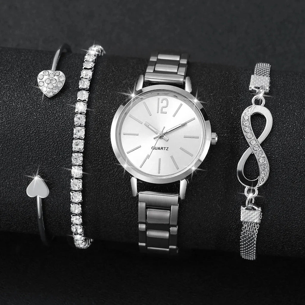 4pcs /set women's watch temperament steel strip women's watch fashion simple trend women's quartz watch bracelet set Qme
