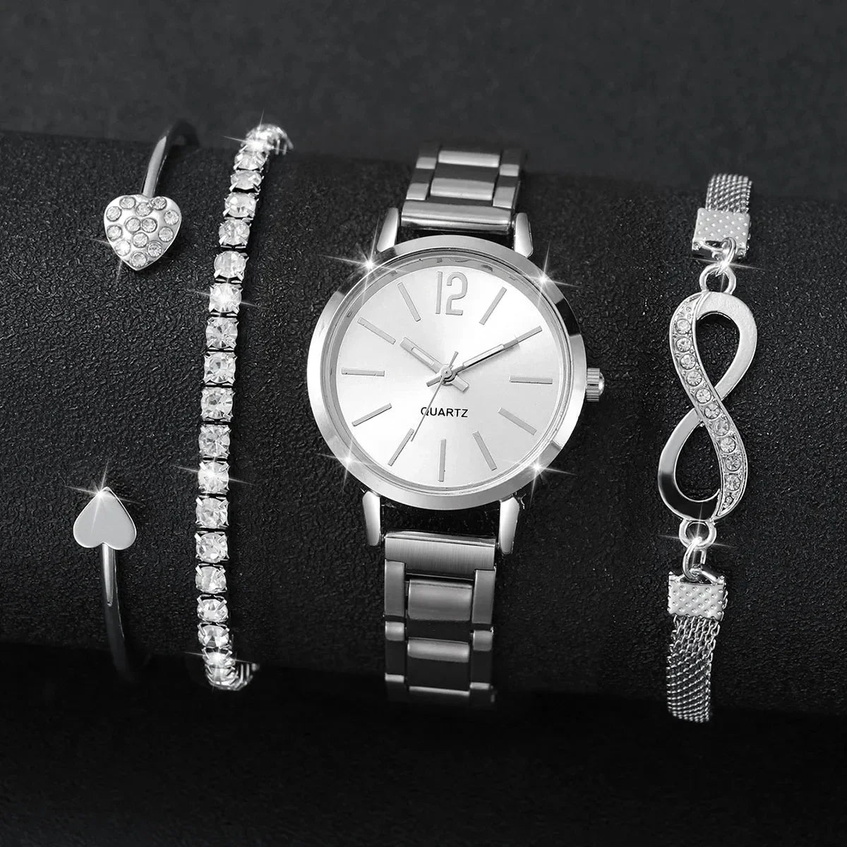 4pcs /set women's watch temperament steel strip women's watch fashion simple trend women's quartz watch bracelet set Qme