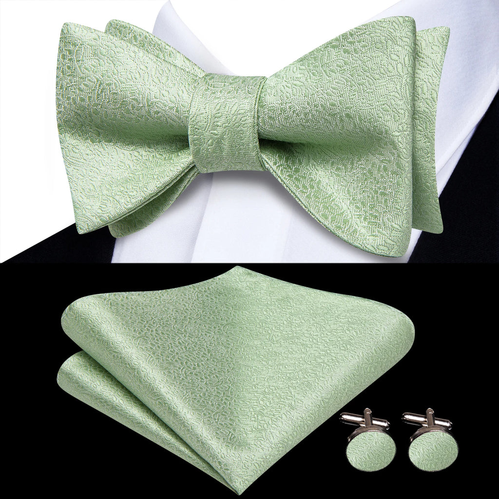 Beige Champagne Gold Silk Mens Bow Tie Hanky Cufflinks Jacquard Qme HT-LH-2343