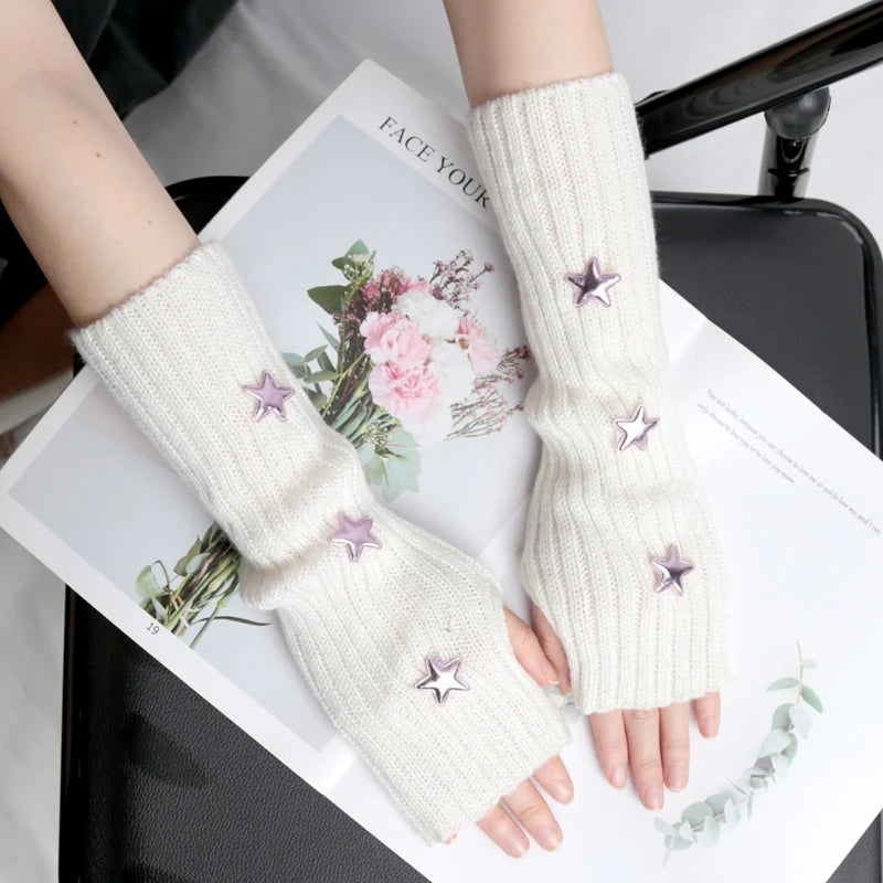 Y2k Fingerless Gloves Fashion Women Warm Arm Sleeve Knitted Star Decoration Mitten Casual Long Wrist Mittens Punk Gothic Gloves Qme
